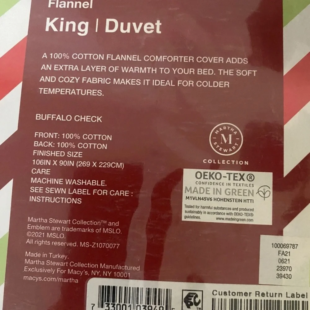 Martha Stewart Buffalo Plaid Flannel Cotton KING Duvet Cover Red / Black $200